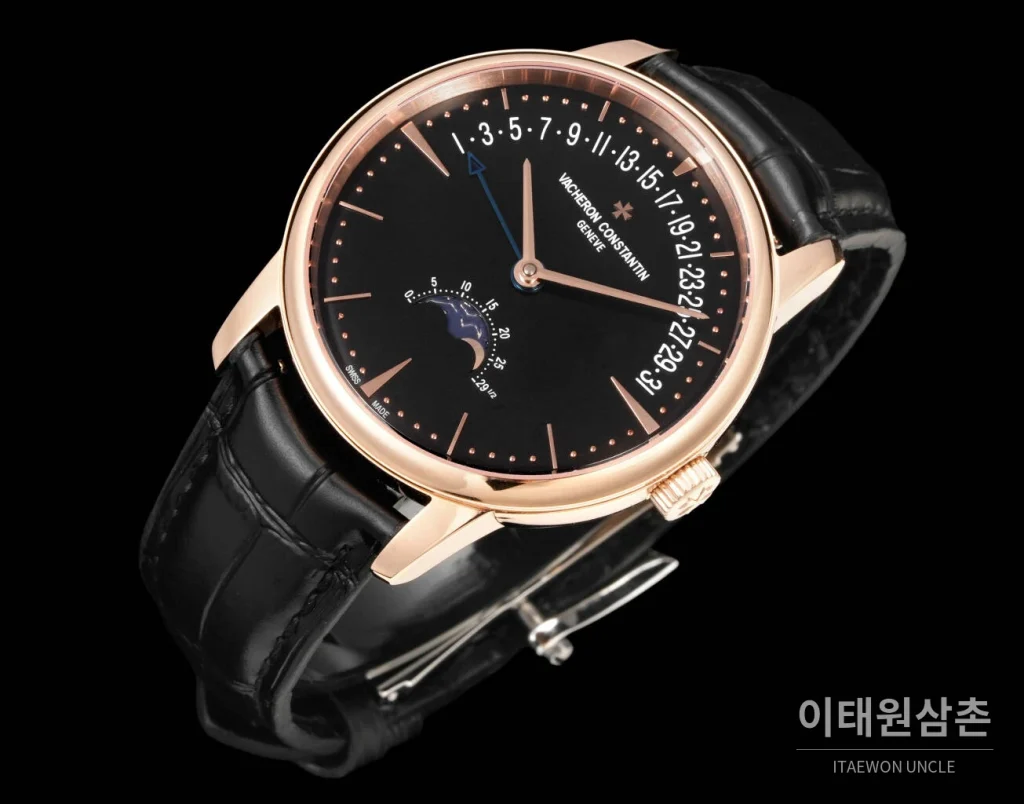 바쉐론콘스탄틴 패트리모니 문페이즈 레트로그레이드 데이트 오토매틱 42.5mm 실버 블랙 가죽 스트랩 로즈골드 베젤