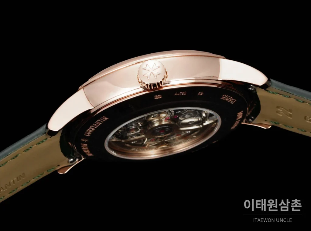 바쉐론콘스탄틴 패트리모니 문페이즈 레트로그레이드 데이트 오토매틱 42.5mm 실버 그린 가죽 스트랩 로즈골드 베젤