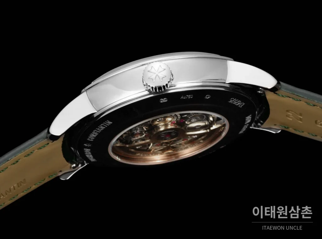바쉐론콘스탄틴 패트리모니 문페이즈 레트로그레이드 데이트 오토매틱 42.5mm 실버 그린 가죽 스트랩