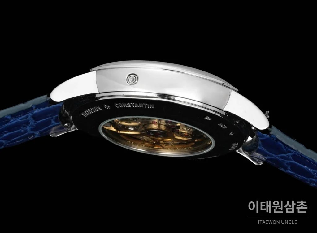 바쉐론콘스탄틴 패트리모니 문페이즈 레트로그레이드 데이트 오토매틱 42.5mm 실버 네이비 가죽 스트랩