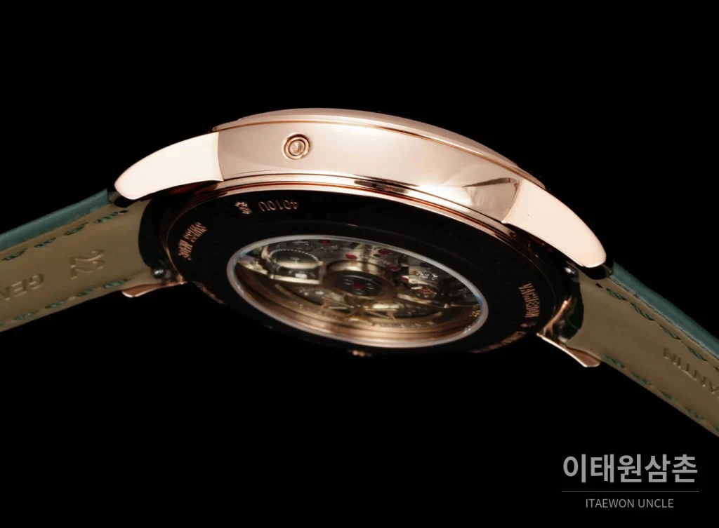 바쉐론콘스탄틴 패트리모니 문페이즈 레트로그레이드 데이트 오토매틱 42.5mm 실버 그린 가죽 스트랩 로즈골드 베젤