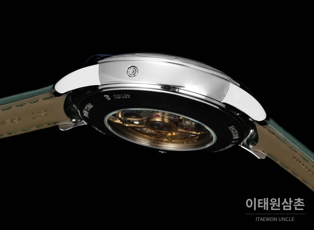 바쉐론콘스탄틴 패트리모니 문페이즈 레트로그레이드 데이트 오토매틱 42.5mm 실버 그린 가죽 스트랩