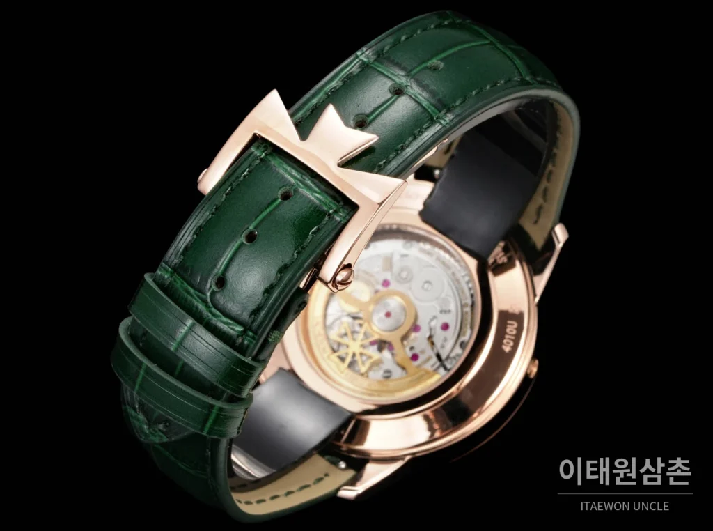 바쉐론콘스탄틴 패트리모니 문페이즈 레트로그레이드 데이트 오토매틱 42.5mm 실버 그린 가죽 스트랩 로즈골드 베젤