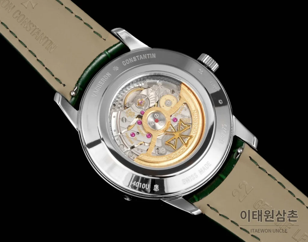 바쉐론콘스탄틴 패트리모니 문페이즈 레트로그레이드 데이트 오토매틱 42.5mm 실버 그린 가죽 스트랩