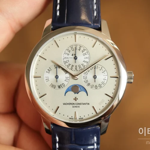 바쉐론콘스탄틴 패트리모니 퍼페추얼 캘린더 스틸 울트라씬 오토매틱 41mm 실버 네이비 가죽 스트랩