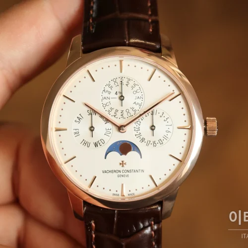 바쉐론콘스탄틴 패트리모니 퍼페추얼 캘린더 스틸 울트라씬 오토매틱 41mm 실버 브라운 가죽 스트랩 로즈골드 베젤