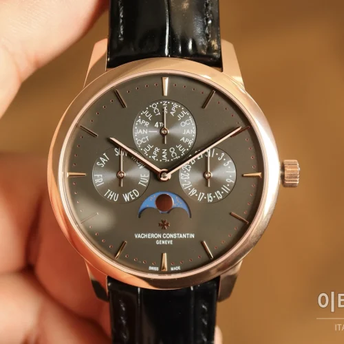 바쉐론콘스탄틴 패트리모니 퍼페추얼 캘린더 스틸 울트라씬 오토매틱 41mm 실버 블랙 가죽 스트랩 로즈골드 베젤