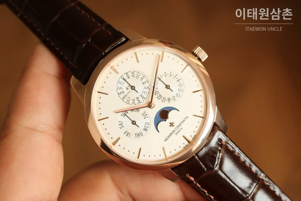 바쉐론콘스탄틴 패트리모니 퍼페추얼 캘린더 스틸 울트라씬 오토매틱 41mm 실버 브라운 가죽 스트랩 로즈골드 베젤