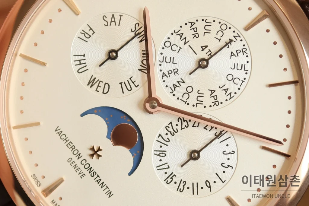 바쉐론콘스탄틴 패트리모니 퍼페추얼 캘린더 스틸 울트라씬 오토매틱 41mm 실버 브라운 가죽 스트랩 로즈골드 베젤