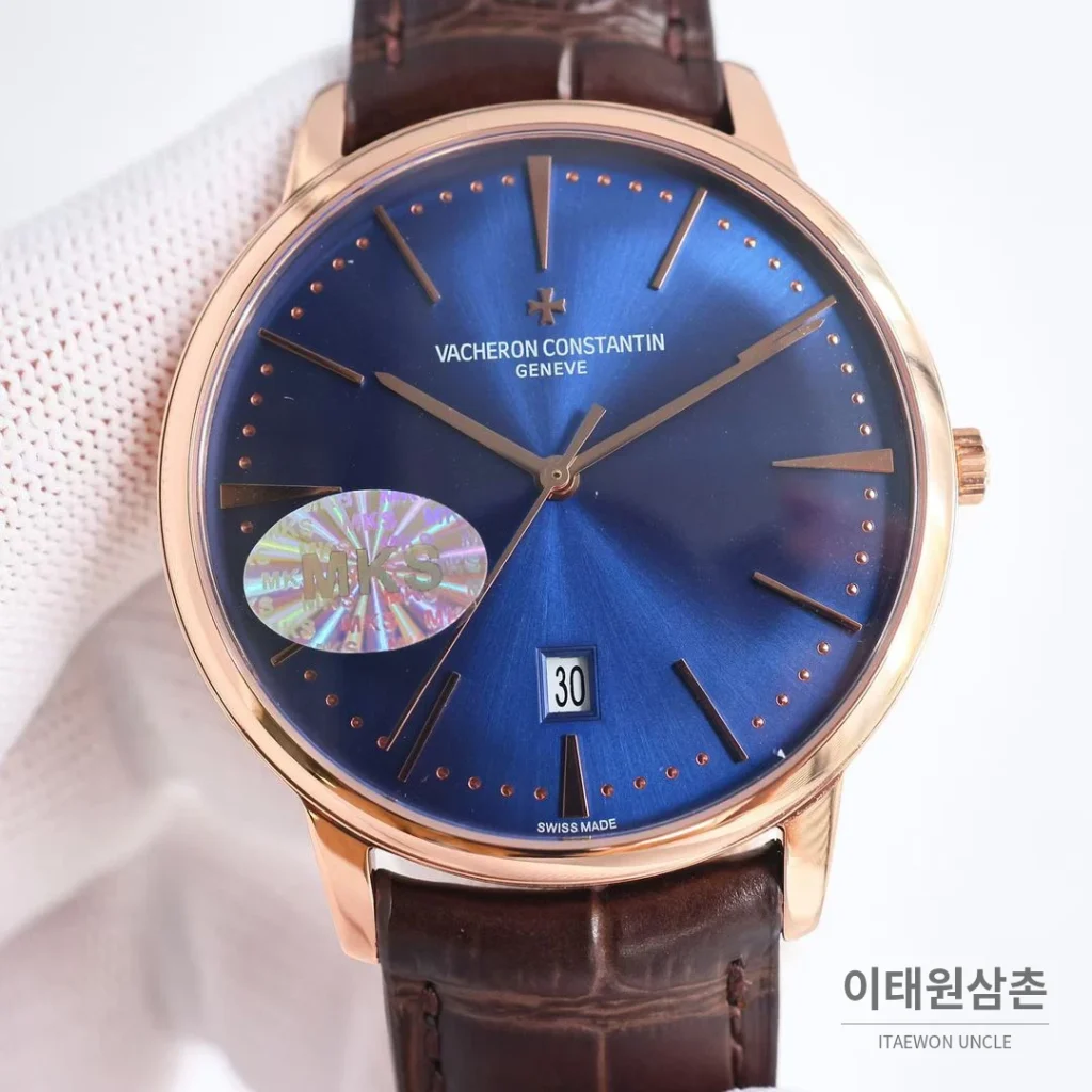 바쉐론콘스탄틴 패트리모니 셀프와인딩 데이트 오토매틱 40mm 85180 블루 다이얼 브라운 가죽 스트랩 로즈골드 베젤
