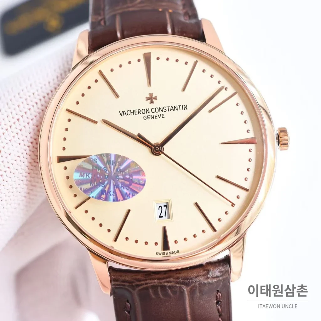 바쉐론콘스탄틴 패트리모니 셀프와인딩 데이트 오토매틱 40mm 85180 샴페인 다이얼 브라운 가죽 스트랩 로즈골드 베젤