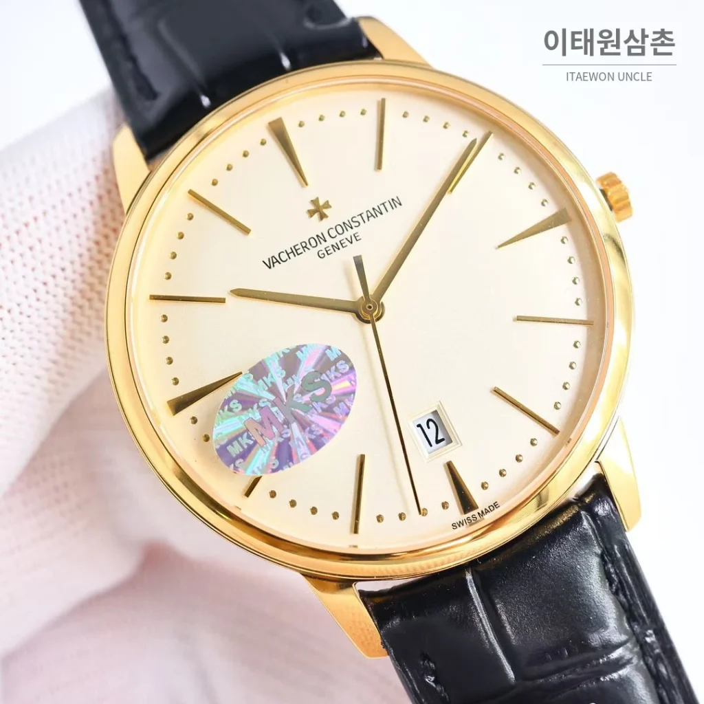 바쉐론콘스탄틴 패트리모니 셀프와인딩 데이트 오토매틱 40mm 85180 샴페인 다이얼 블랙 가죽 스트랩 골드 케이스