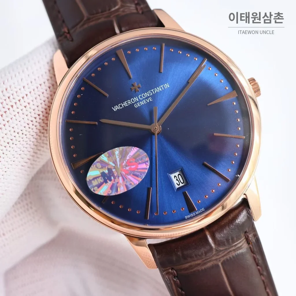 바쉐론콘스탄틴 패트리모니 셀프와인딩 데이트 오토매틱 40mm 85180 블루 다이얼 브라운 가죽 스트랩 로즈골드 베젤