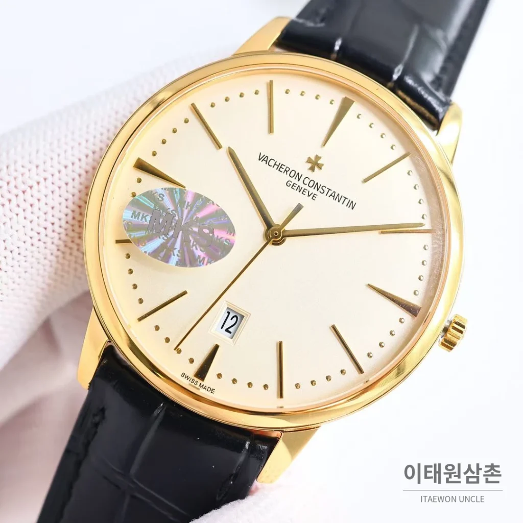 바쉐론콘스탄틴 패트리모니 셀프와인딩 데이트 오토매틱 40mm 85180 샴페인 다이얼 블랙 가죽 스트랩 골드 케이스