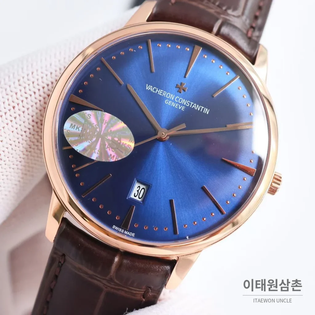 바쉐론콘스탄틴 패트리모니 셀프와인딩 데이트 오토매틱 40mm 85180 블루 다이얼 브라운 가죽 스트랩 로즈골드 베젤