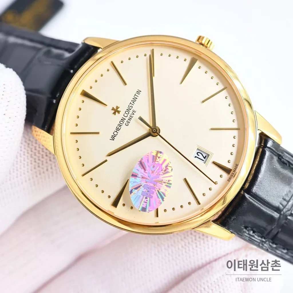 바쉐론콘스탄틴 패트리모니 셀프와인딩 데이트 오토매틱 40mm 85180 샴페인 다이얼 블랙 가죽 스트랩 골드 케이스
