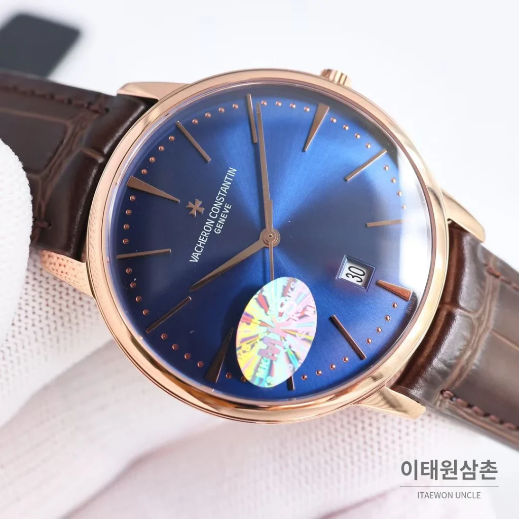 바쉐론콘스탄틴 패트리모니 셀프와인딩 데이트 오토매틱 40mm 85180 블루 다이얼 브라운 가죽 스트랩 로즈골드 베젤