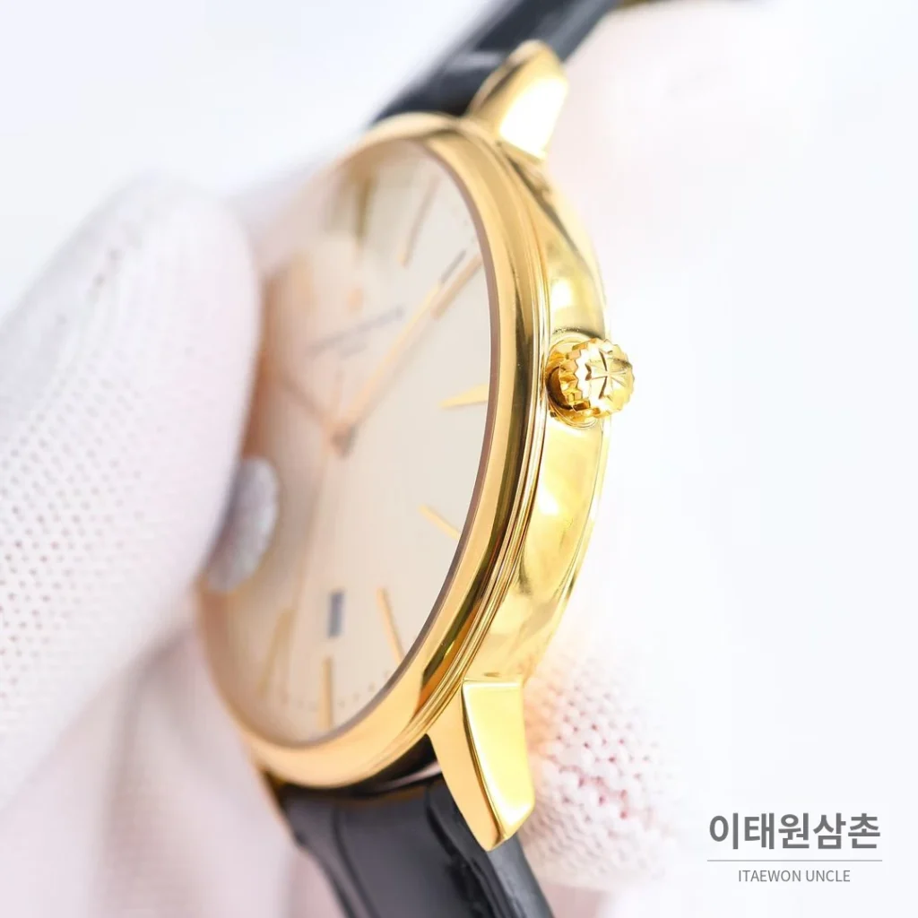 바쉐론콘스탄틴 패트리모니 셀프와인딩 데이트 오토매틱 40mm 85180 샴페인 다이얼 블랙 가죽 스트랩 골드 케이스