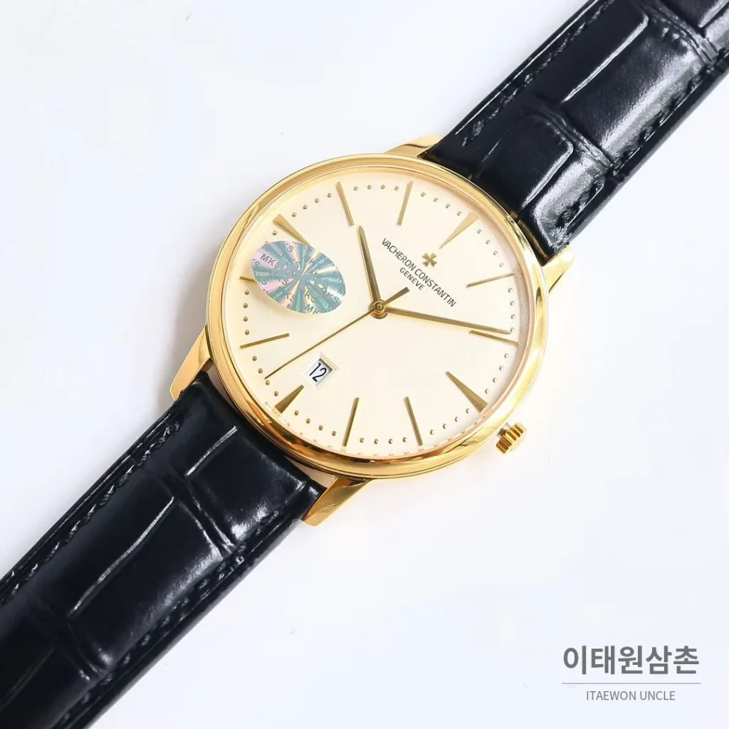바쉐론콘스탄틴 패트리모니 셀프와인딩 데이트 오토매틱 40mm 85180 샴페인 다이얼 블랙 가죽 스트랩 골드 케이스