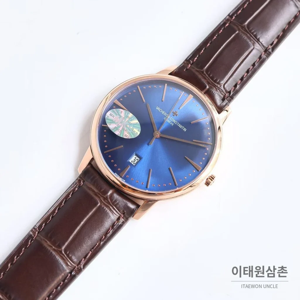바쉐론콘스탄틴 패트리모니 셀프와인딩 데이트 오토매틱 40mm 85180 블루 다이얼 브라운 가죽 스트랩 로즈골드 베젤