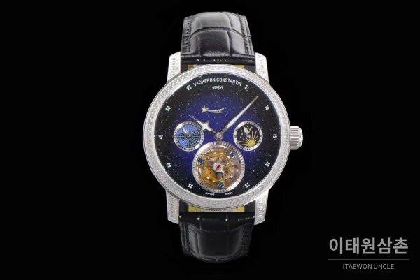 바쉐론콘스탄틴 패트리모니 스틸 블루스카이 투르비옹 파워리저브 오토매틱 42mm 네이비 다이얼 블랙 가죽 스트랩 실버 베젤