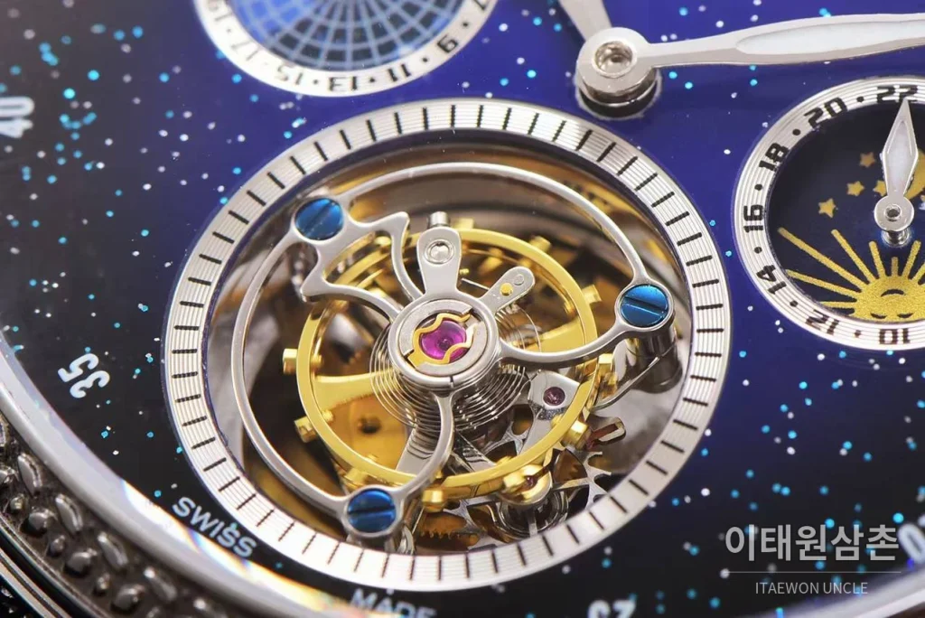 바쉐론콘스탄틴 패트리모니 스틸 블루스카이 투르비옹 파워리저브 오토매틱 42mm 네이비 다이얼 블랙 가죽 스트랩 실버 베젤