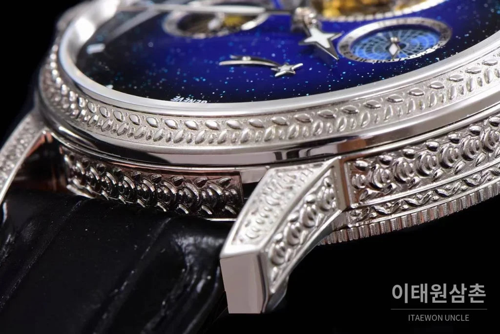 바쉐론콘스탄틴 패트리모니 스틸 블루스카이 투르비옹 파워리저브 오토매틱 42mm 네이비 다이얼 블랙 가죽 스트랩 실버 베젤