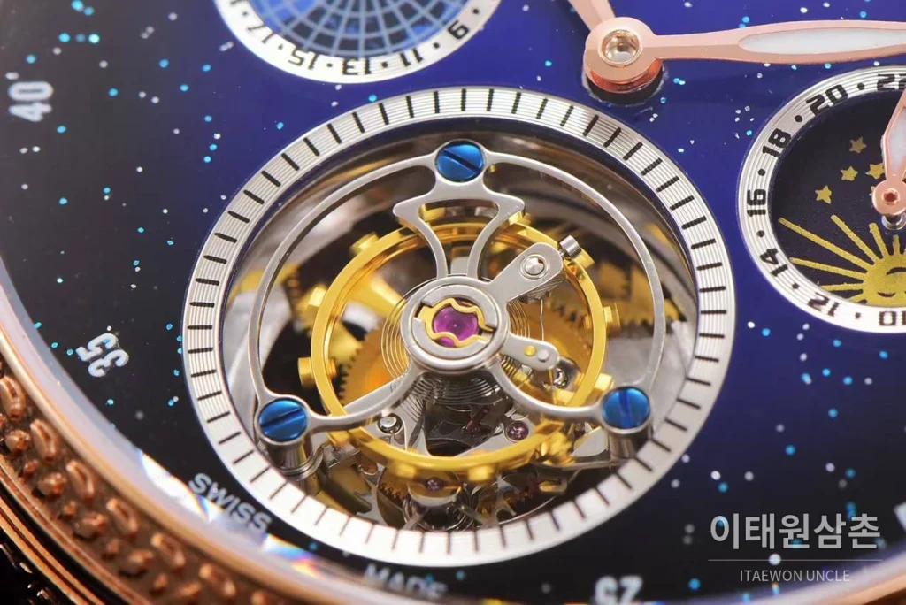 바쉐론콘스탄틴 패트리모니 스틸 블루스카이 투르비옹 파워리저브 오토매틱 42mm 네이비 다이얼 블랙 가죽 스트랩 로즈골드 베젤