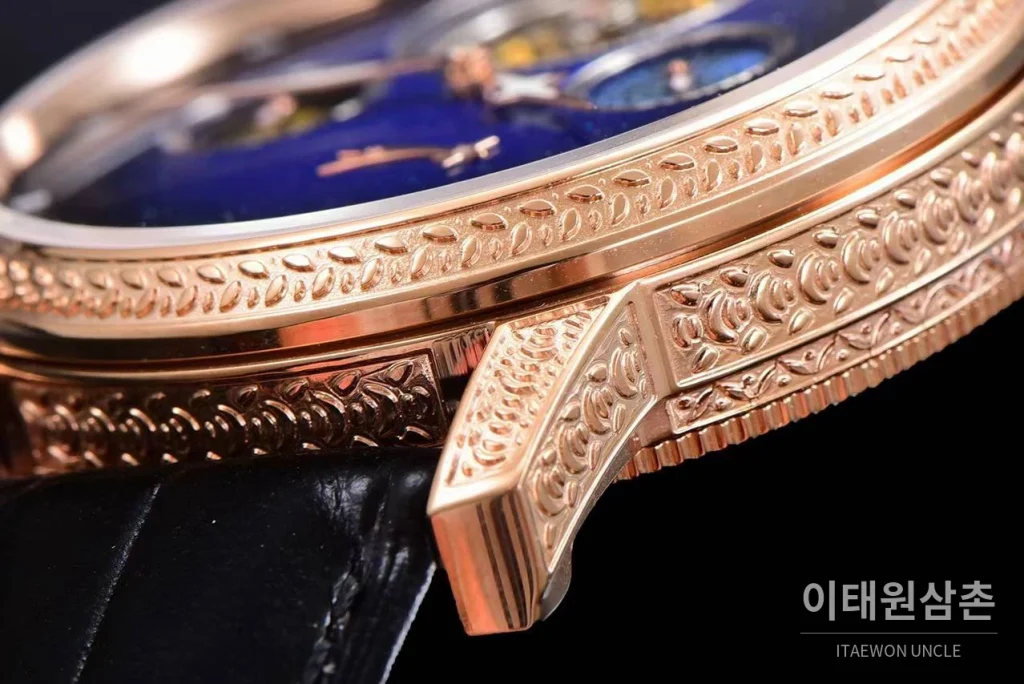 바쉐론콘스탄틴 패트리모니 스틸 블루스카이 투르비옹 파워리저브 오토매틱 42mm 네이비 다이얼 블랙 가죽 스트랩 로즈골드 베젤