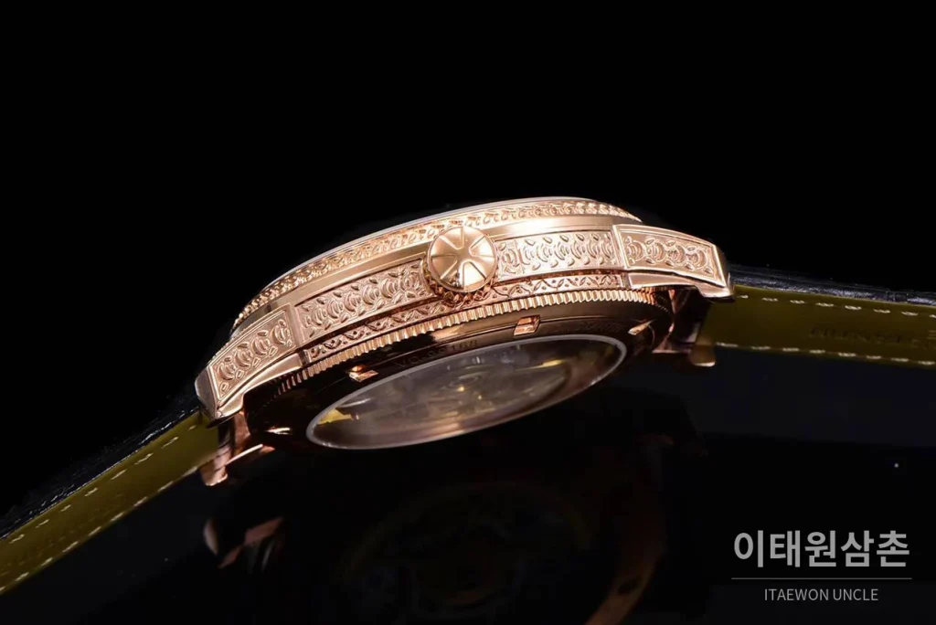 바쉐론콘스탄틴 패트리모니 스틸 블루스카이 투르비옹 파워리저브 오토매틱 42mm 네이비 다이얼 블랙 가죽 스트랩 로즈골드 베젤