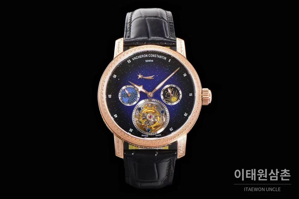 바쉐론콘스탄틴 패트리모니 스틸 블루스카이 투르비옹 파워리저브 오토매틱 42mm 네이비 다이얼 블랙 가죽 스트랩 로즈골드 베젤