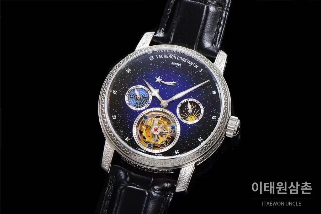 바쉐론콘스탄틴 패트리모니 스틸 블루스카이 투르비옹 파워리저브 오토매틱 42mm 네이비 다이얼 블랙 가죽 스트랩 실버 베젤