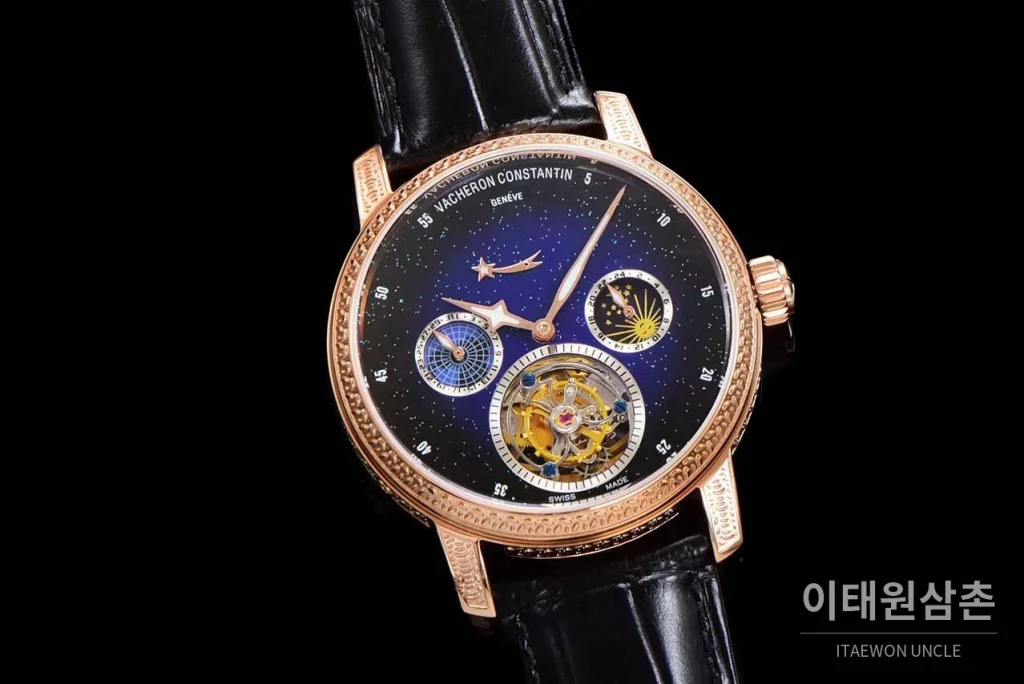 바쉐론콘스탄틴 패트리모니 스틸 블루스카이 투르비옹 파워리저브 오토매틱 42mm 네이비 다이얼 블랙 가죽 스트랩 로즈골드 베젤