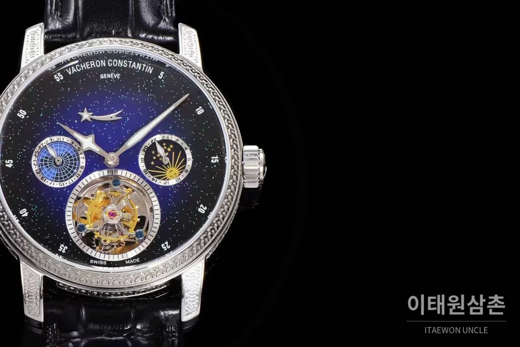 바쉐론콘스탄틴 패트리모니 스틸 블루스카이 투르비옹 파워리저브 오토매틱 42mm 네이비 다이얼 블랙 가죽 스트랩 실버 베젤