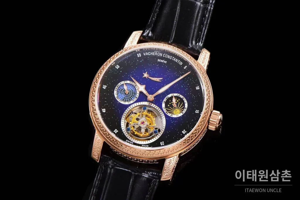 바쉐론콘스탄틴 패트리모니 스틸 블루스카이 투르비옹 파워리저브 오토매틱 42mm 네이비 다이얼 블랙 가죽 스트랩 로즈골드 베젤