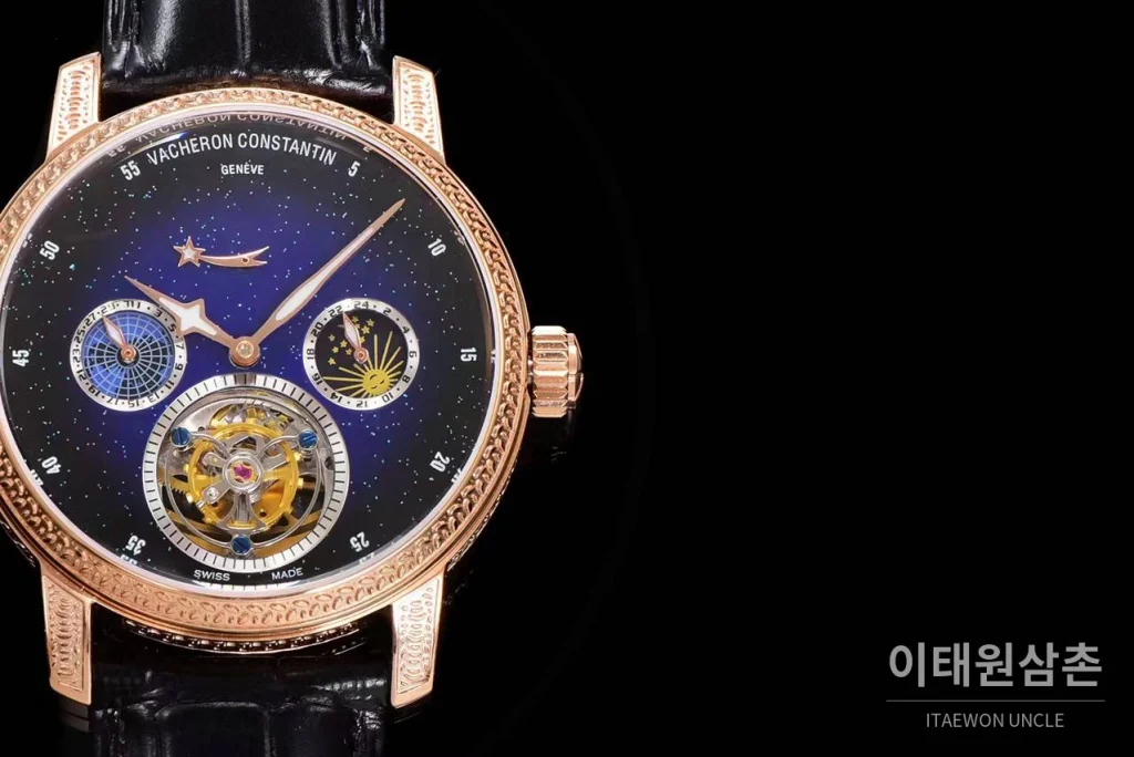 바쉐론콘스탄틴 패트리모니 스틸 블루스카이 투르비옹 파워리저브 오토매틱 42mm 네이비 다이얼 블랙 가죽 스트랩 로즈골드 베젤