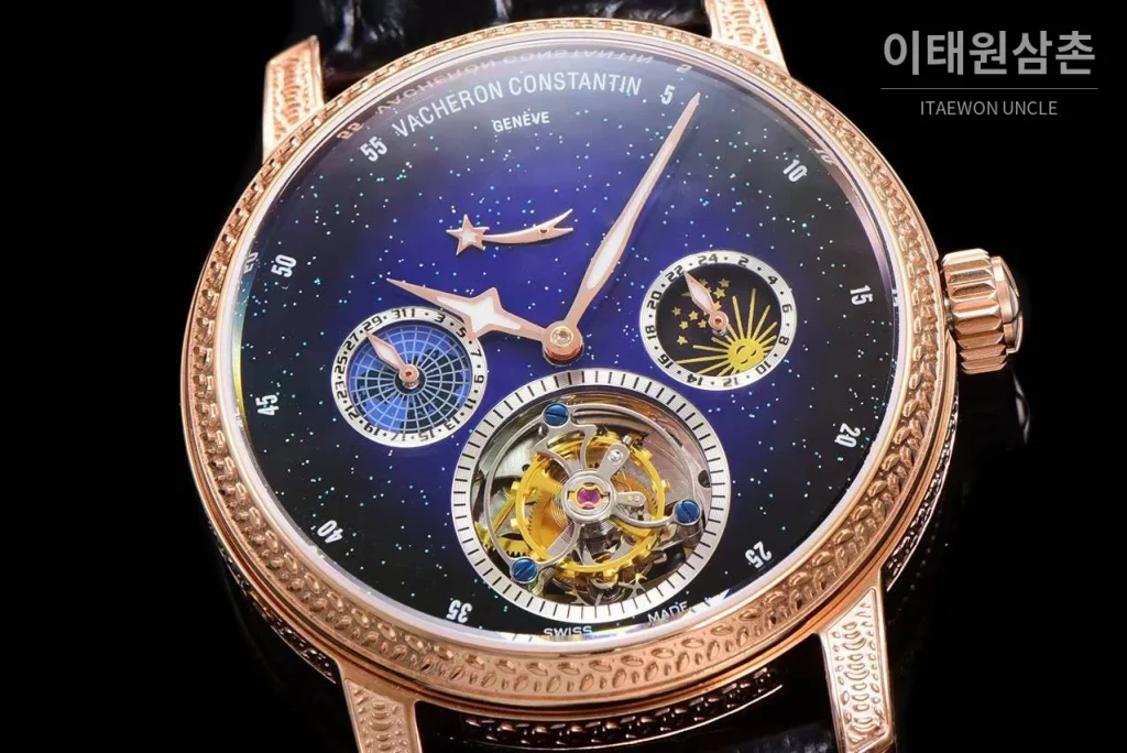 바쉐론콘스탄틴 패트리모니 스틸 블루스카이 투르비옹 파워리저브 오토매틱 42mm 네이비 다이얼 블랙 가죽 스트랩 로즈골드 베젤