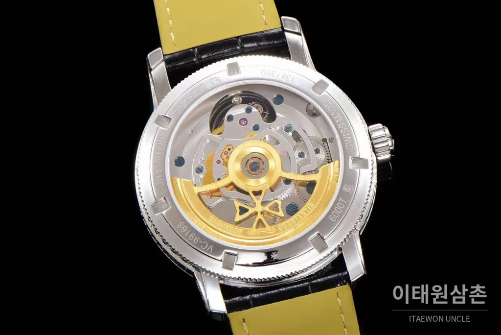 바쉐론콘스탄틴 패트리모니 스틸 블루스카이 투르비옹 파워리저브 오토매틱 42mm 네이비 다이얼 블랙 가죽 스트랩 실버 베젤