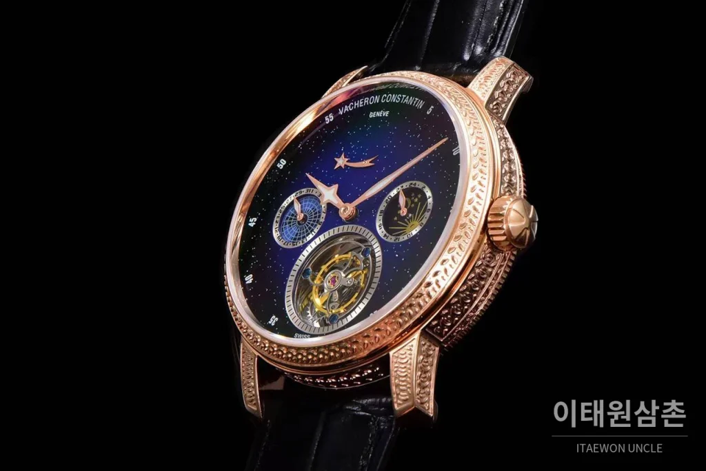 바쉐론콘스탄틴 패트리모니 스틸 블루스카이 투르비옹 파워리저브 오토매틱 42mm 네이비 다이얼 블랙 가죽 스트랩 로즈골드 베젤