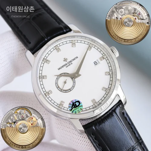 바쉐론콘스탄틴 패트리모니 스틸 스몰세컨즈 오토매틱 38mm 실버 블랙 가죽 스트랩