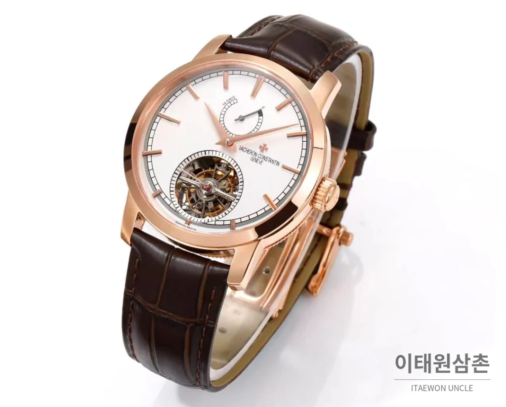 바쉐론콘스탄틴 트래디셔널 실버다이얼 투르비용 수동 시계 42mm 89000/000R-9655 브라운 가죽 스트랩