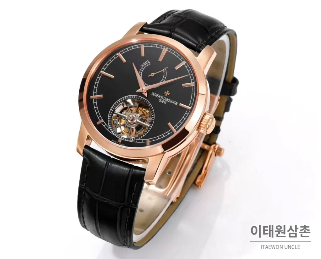바쉐론콘스탄틴 트래디셔널 실버다이얼 투르비용 수동 시계 42mm 89000/000R-9655 블랙 가죽 스트랩