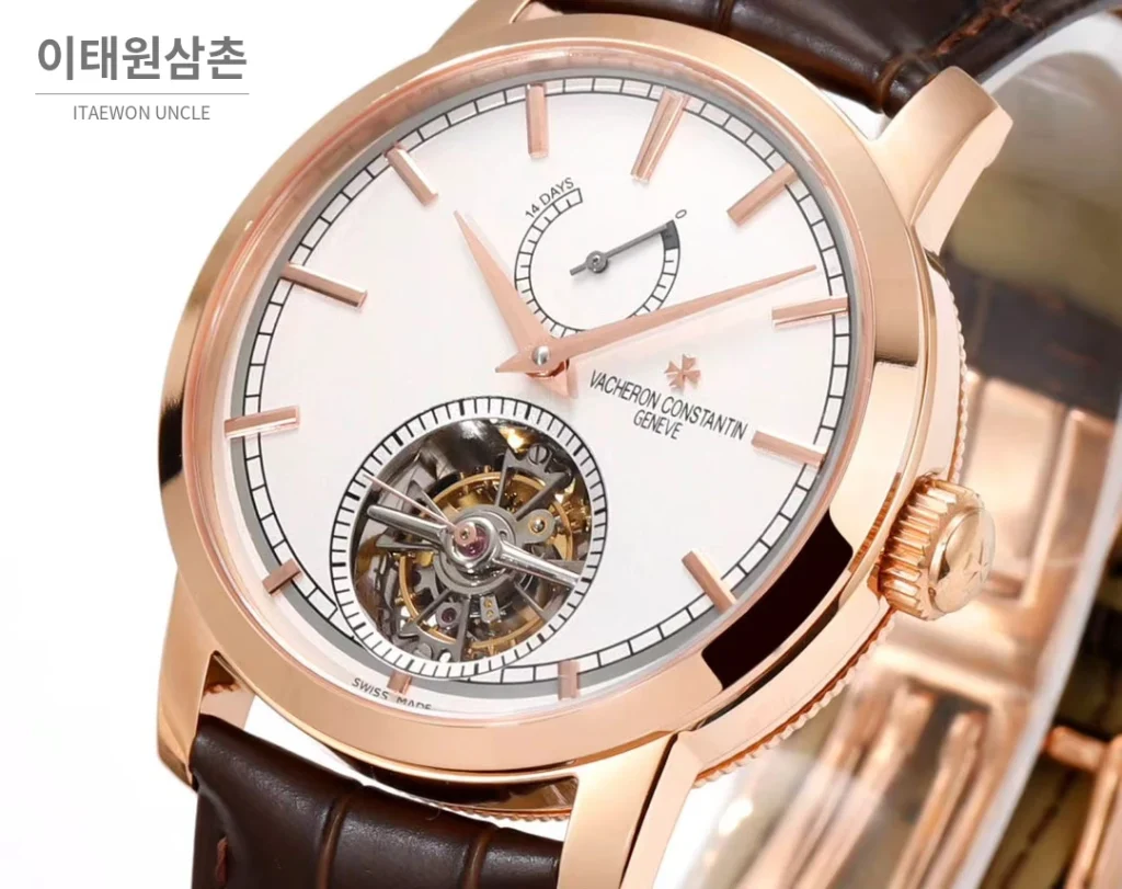 바쉐론콘스탄틴 트래디셔널 실버다이얼 투르비용 수동 시계 42mm 89000/000R-9655 브라운 가죽 스트랩