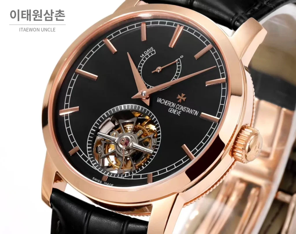 바쉐론콘스탄틴 트래디셔널 실버다이얼 투르비용 수동 시계 42mm 89000/000R-9655 블랙 가죽 스트랩