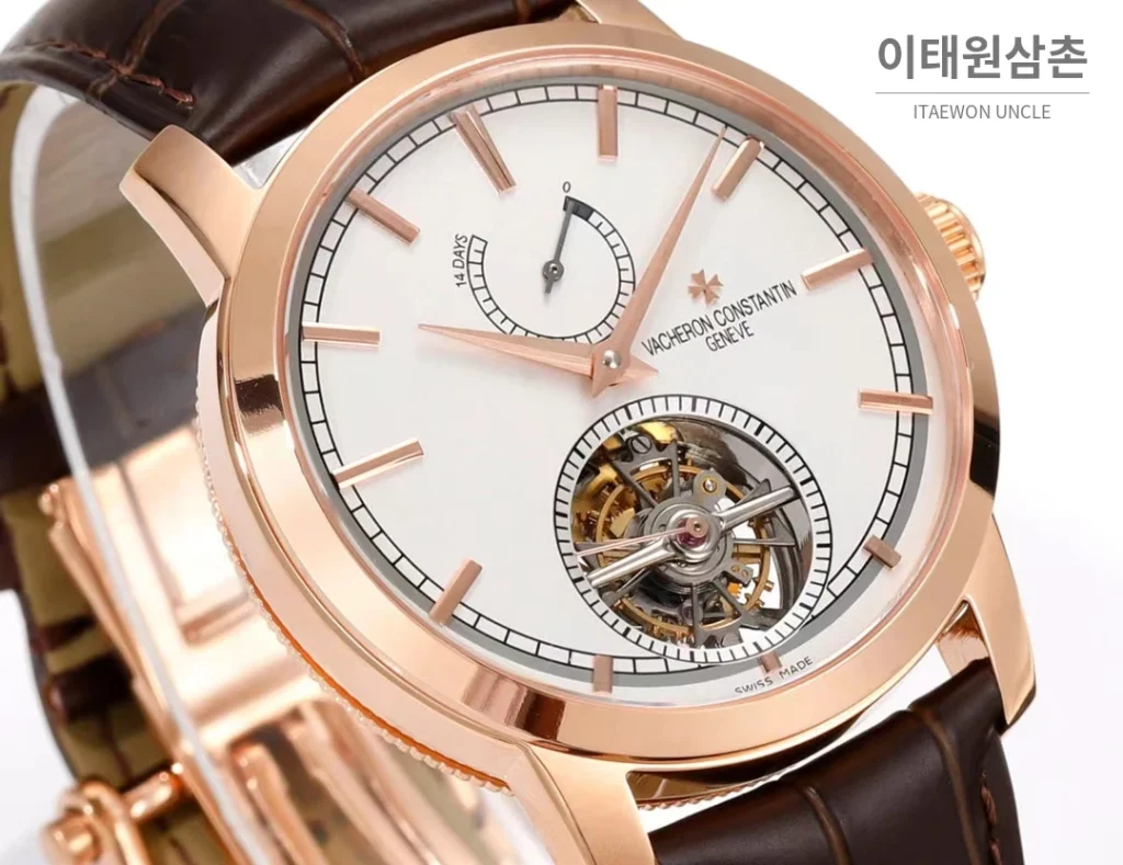 바쉐론콘스탄틴 트래디셔널 실버다이얼 투르비용 수동 시계 42mm 89000/000R-9655 브라운 가죽 스트랩