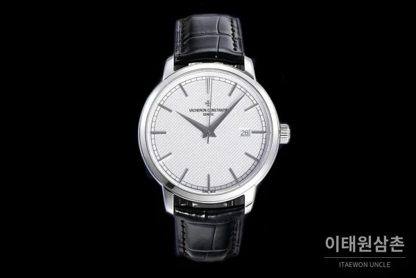 바쉐론콘스탄틴 트래디셔널 스틸 실버다이얼 오토매틱 40mm 블랙 가죽 스트랩