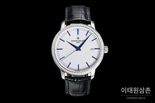 바쉐론콘스탄틴 트래디셔널 스틸 실버다이얼 오토매틱 40mm 블랙 가죽 스트랩 실버 베젤 (2)
