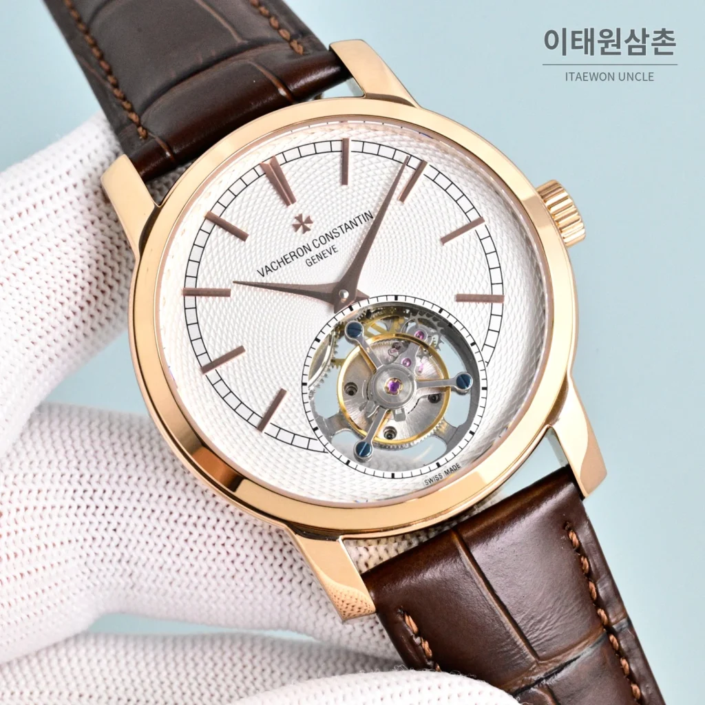 바쉐론콘스탄틴 트래디셔널 투르비용 선레이다이얼 수동 시계 42mm 그린 / 화이트 브라운 가죽 스트랩 로즈골드 베젤