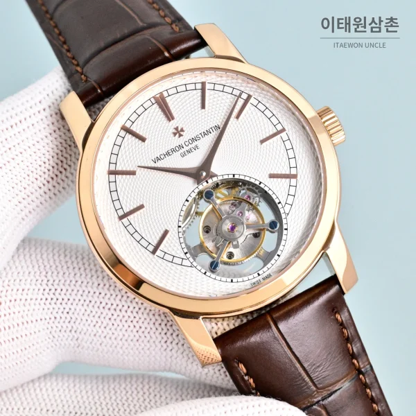 바쉐론콘스탄틴 트래디셔널 투르비용 선레이다이얼 수동 시계 42mm 그린 / 화이트 브라운 가죽 스트랩 로즈골드 베젤