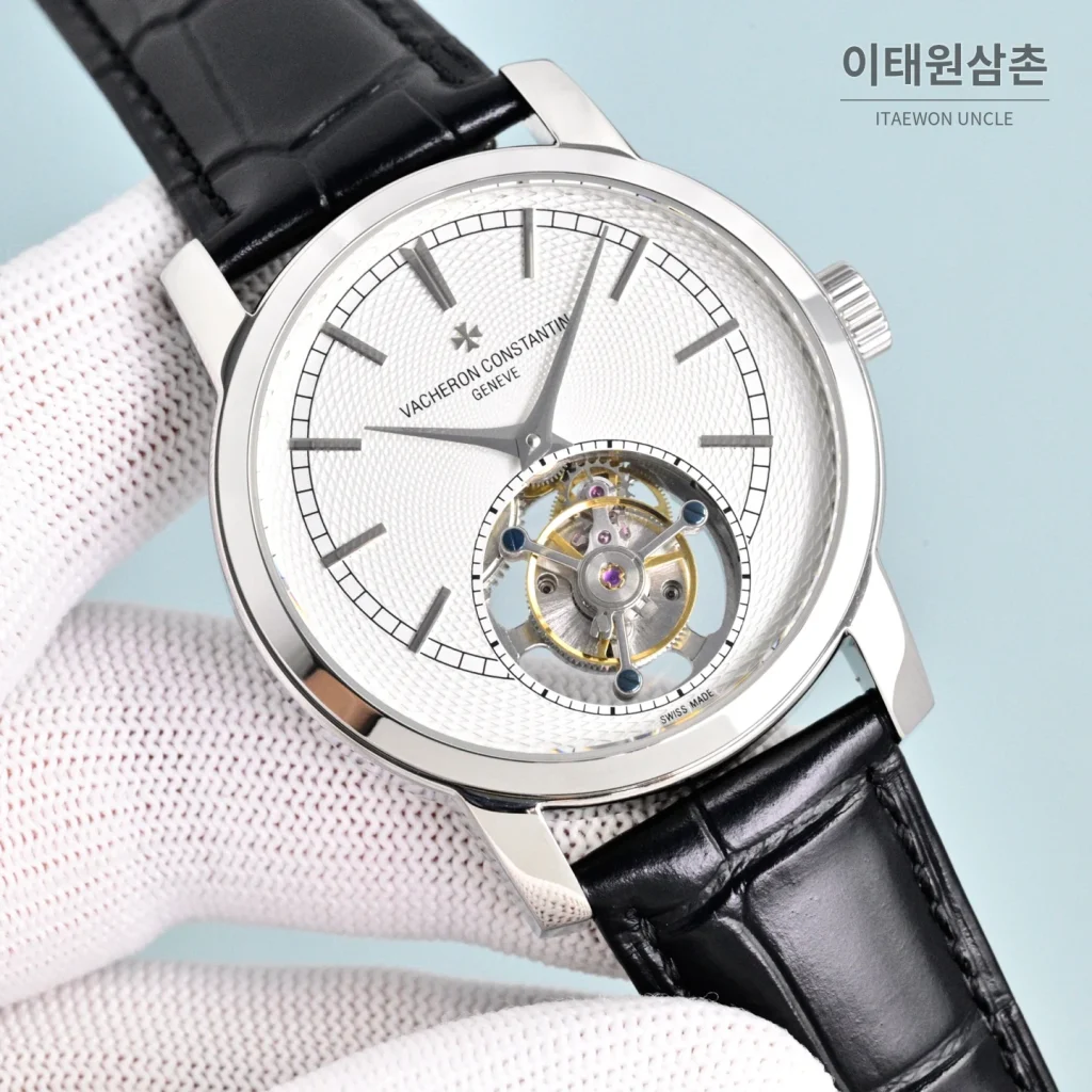 바쉐론콘스탄틴 트래디셔널 투르비용 선레이다이얼 수동 시계 42mm 그린 / 화이트 블랙 가죽 스트랩